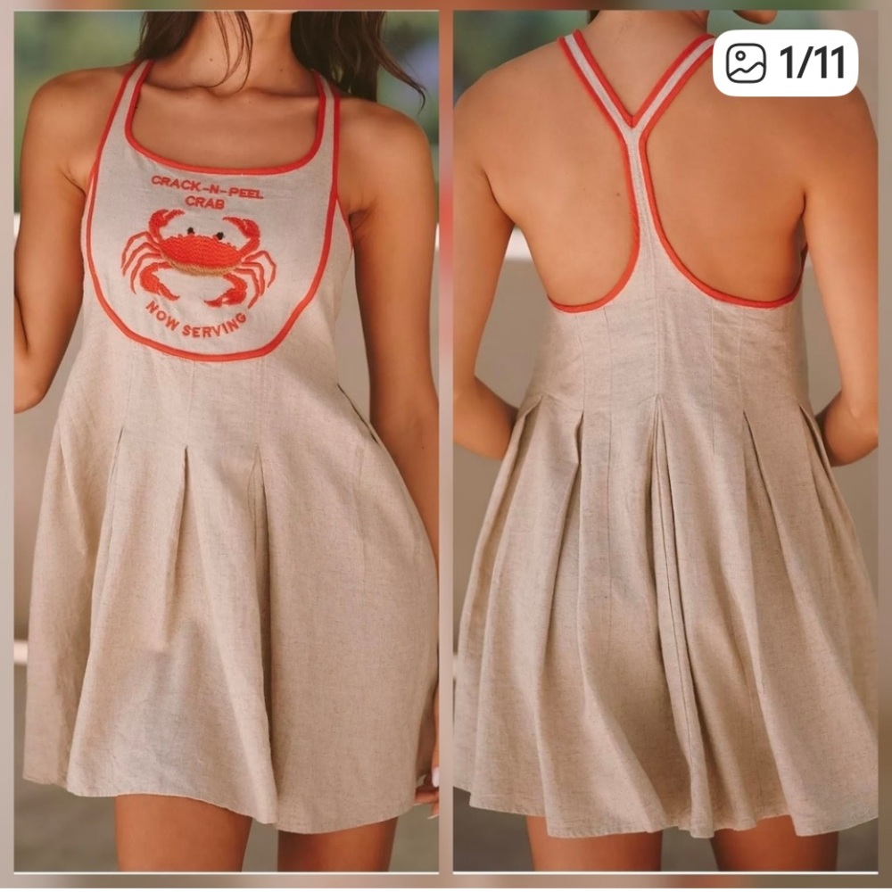 Anthropologie adorable Beige Mini Dress with Red Crab Design